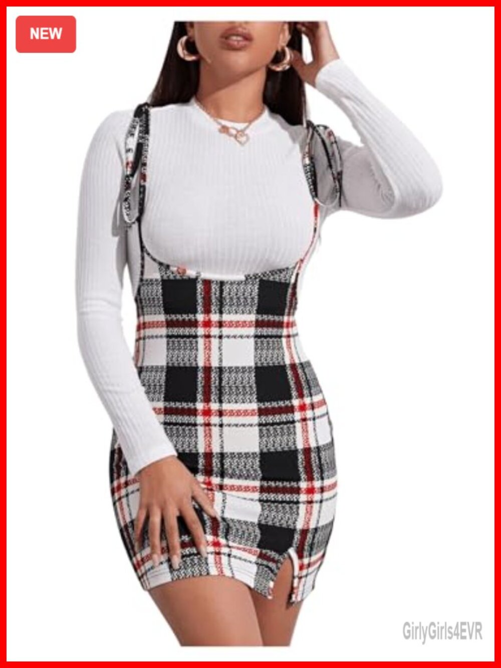 Plaid Suspender Mini Dress Tie Shoulder Split Hem Bodycon
